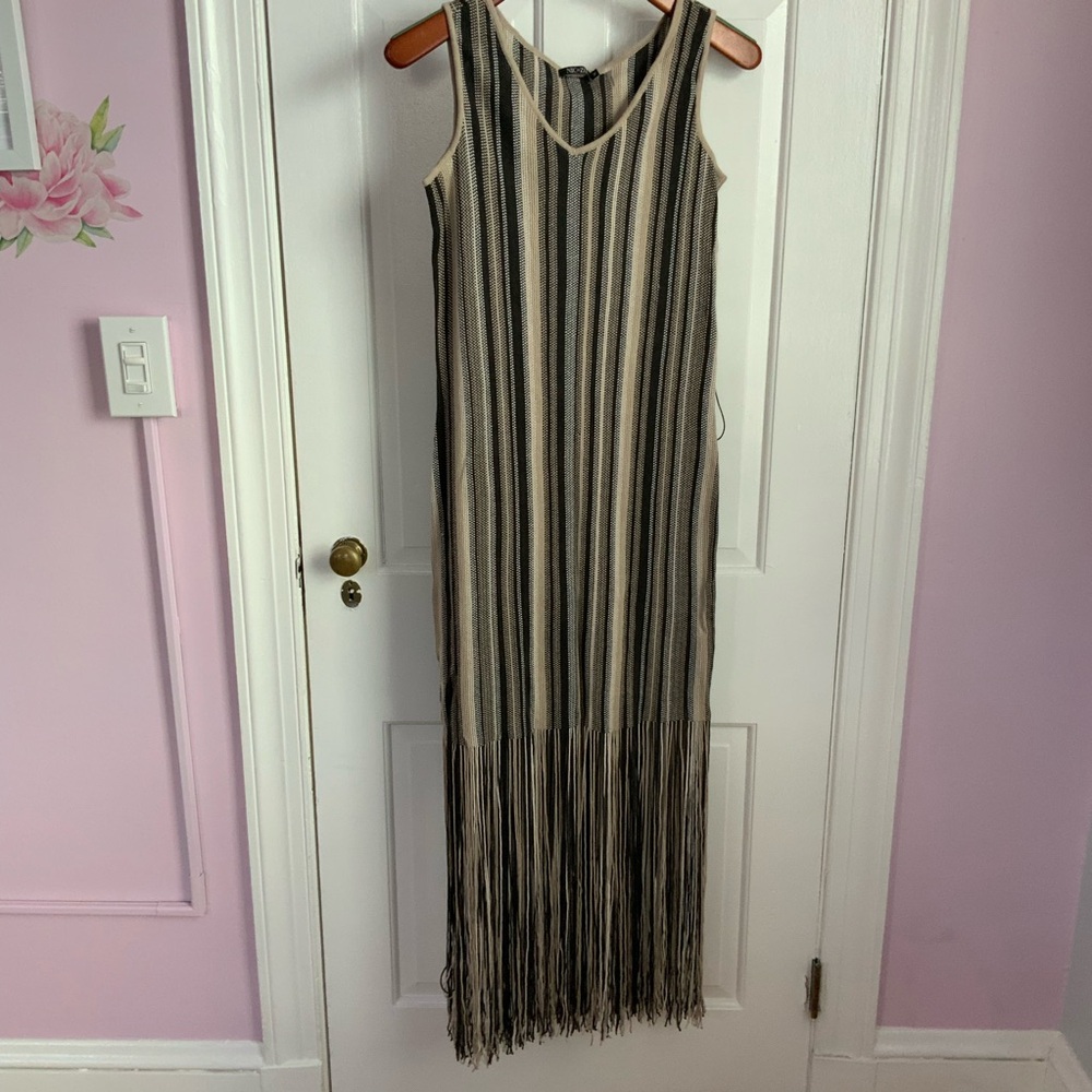 Nic+ Zoe Striped Fringe Maxi Dress - Black and Cream